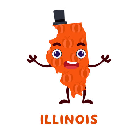 Cute cartoon Illinois state character clipart. Illustrated map of state of Illinois of USA with state name. Funny character design for kids game, sticker, cards, poster. Vector stock illustration.のイラスト素材