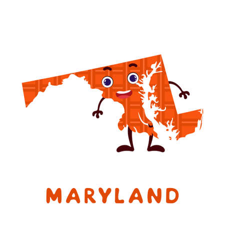 Cute cartoon Maryland state character clipart. Illustrated map of state of Maryland of USA with state name. Funny character design for kids game, sticker, cards, poster. Vector stock illustration.のイラスト素材