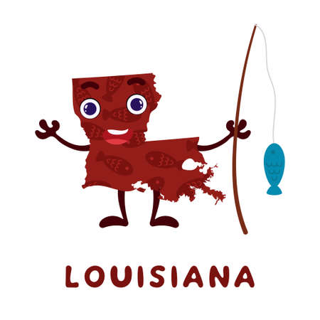 Cute cartoon Louisiana state character clipart. Illustrated map of state of Louisiana of USA with state name. Funny character design for kids game, sticker, cards, poster. Vector stock illustration.のイラスト素材