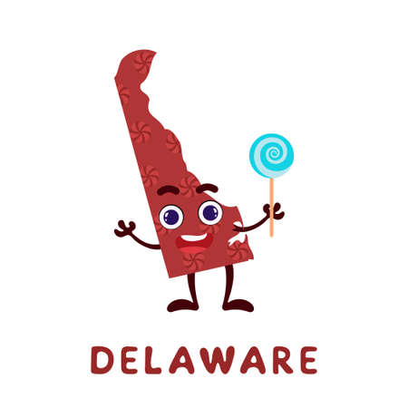Cute cartoon Delaware state character clipart. Illustrated map of state of Delaware of USA with state name. Funny character design for kids game, sticker, cards, poster. Vector stock illustration.のイラスト素材