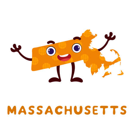 Cute cartoon Massachusetts state character clipart. Illustrated map of state of Massachusetts of USA with state name. Funny character design for kids game, sticker, cards, poster. Vector illustration.のイラスト素材