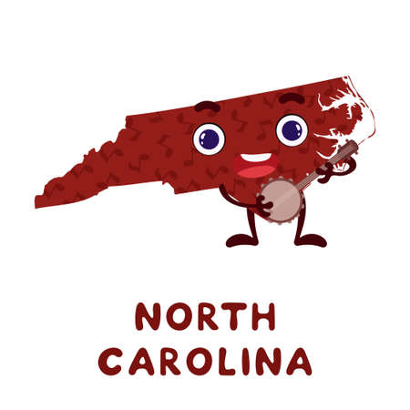 Cute cartoon North Carolina state character clipart. Illustrated map of state of North Carolina of USA with state name. Funny character design for kids game, sticker, card, poster. Vector illustrationのイラスト素材