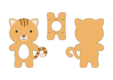 Cute die cut cat chocolate egg holder template. Retail paper box for the easter egg. Printable color scheme. Laser cutting vector template. Isolated vector packaging design illustration.のイラスト素材