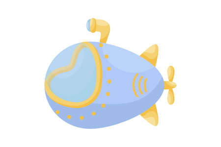 Cute blue submarine with periscope on white background. Cartoon transport for kids cards, baby shower, birthday invitation, house interior. Bright colored childish vector illustration underwater subのイラスト素材