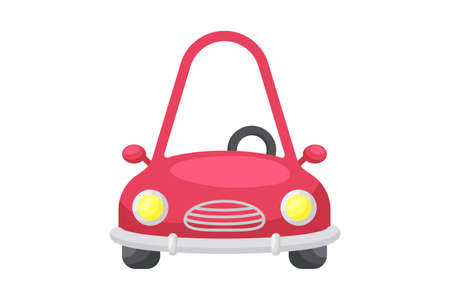 Cute red car on white background. Cartoon transport for kids cards, baby shower, birthday invitation, house interior. Bright colored childish vector illustration in cartoon style.のイラスト素材