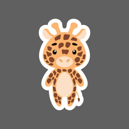 Cute little baby giraffe sticker. Cartoon animal character for kids cards, baby shower, birthday invitation, house interior. Bright colored childish vector illustration in cartoon style.のイラスト素材