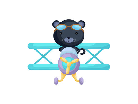 Little panther wearing aviator goggles flying an airplane. Funny baby character flying on plane for greeting card, baby shower, birthday invitation, house interior. Isolated vector illustrationのイラスト素材