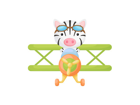 Little zebra wearing aviator goggles flying an airplane. Funny baby character flying on plane for greeting card, baby shower, birthday invitation, house interior. Isolated cartoon vector illustrationのイラスト素材