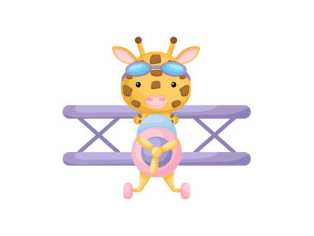 Little giraffe wearing aviator goggles flying an airplane. Funny baby character flying on plane for greeting card, baby shower, birthday invitation, house interior. Isolated vector illustrationのイラスト素材