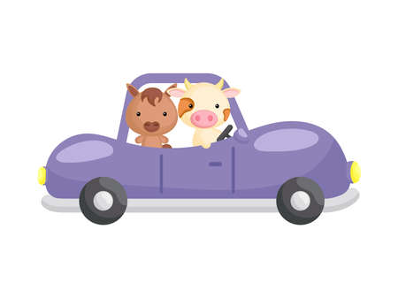 Cute little horse and cow driving purple car. Cartoon character for childrens book, album, baby shower, greeting card, party invitation, house interior. Vector stock illustration.のイラスト素材