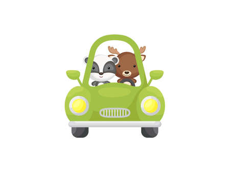 Cute little badger and moose driving green car. Cartoon character for childrens book, album, baby shower, greeting card, party invitation, house interior. Vector stock illustration.のイラスト素材