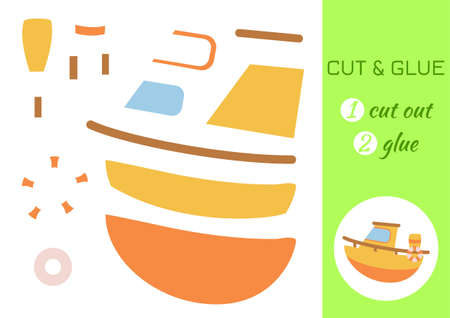 Cut and glue paper cartoon yellow-orange ship. Cut and paste craft activity page. Educational game for preschool children. DIY worksheet. Kids logic game, activities jigsaw. Vector stock illustration.のイラスト素材