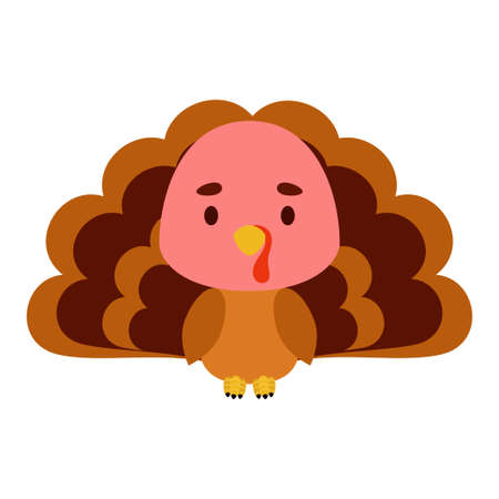 Cute little turkey on white background. Cartoon animal character for kids cards, baby shower, birthday invitation, house interior. Bright colored childish vector illustration.のイラスト素材