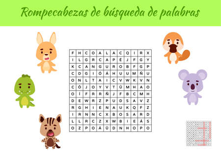 Rompecabezas de bÃºsqueda de palabras - Word search puzzle. Educational game for study Spanish words. Kids activity worksheet colorful printable version with answers. Vector stock illustrationのイラスト素材