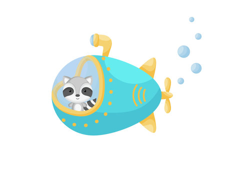 Cute little raccoon sail on turquoise submarine. Cartoon character for childrens book, album, baby shower, greeting card, party invitation, house interior. Vector stock illustration.のイラスト素材