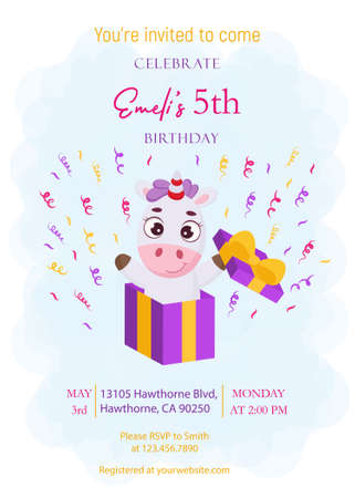 Happy Birthday printable party invitation card template. Event template with cute magical unicorn jumping from gift box. Bright colored stock vector illustrationのイラスト素材
