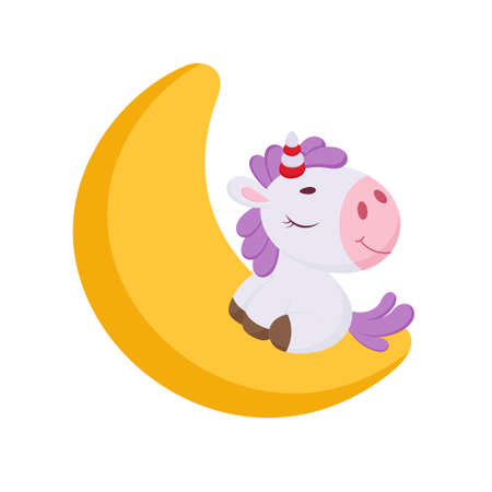 Cute magical unicorn sleeping on moon. Funny magic unicorn cartoon character for print, cards, baby shower, invitation, wallpapers, decor. Stock vector illustration.のイラスト素材