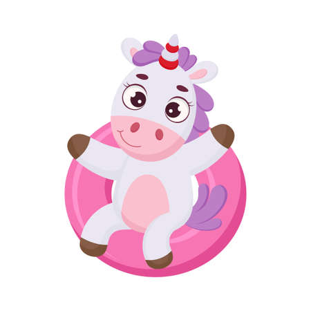 Cute magical unicorn floats on pink circle. Funny magic unicorn cartoon character for print, cards, baby shower, invitation, wallpapers, decor. Bright colored childish stock vector illustration.のイラスト素材
