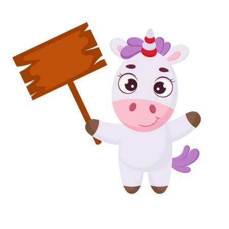 Cute magical unicorn standing with wooden sign. Funny magic unicorn cartoon character for print, cards, baby shower, invitation, wallpapers, decor. Bright colored childish stock vector illustrationのイラスト素材