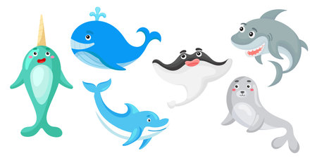 Set of ocean animals in cartoon style. Cute animals characters for kids cards, baby shower, birthday invitation, house interior. Bright colored childish vector illustration.のイラスト素材