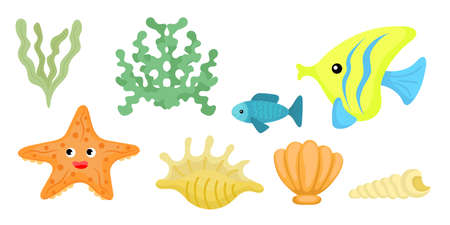 Set of fish, seashell and seaweed in cartoon style. Cute animals characters for kids cards, baby shower, birthday invitation, house interior. Bright colored childish vector illustration.のイラスト素材