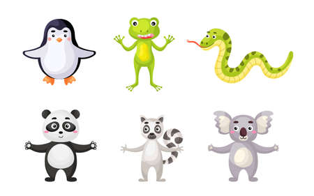 Set of animals in cartoon style. Cute animals characters for kids cards, baby shower, birthday invitation, house interior. Bright colored childish vector illustration.のイラスト素材