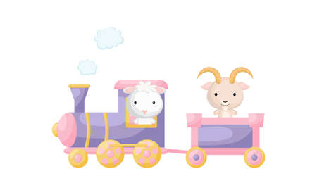 Cute cartoon violet train with sheep driver and goat on waggon on white background. Design for childrens book, greeting card, baby shower, party invitation, wall decor. Vector illustration.のイラスト素材
