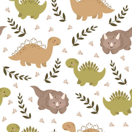 Little dinosaurs seamless pattern. Scandinavian cute print for nursery t-shirts, textiles, wrapping paper, kids apparel, invitation cover. Bright colored childish vector illustration.のイラスト素材