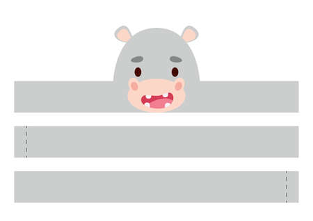 Printable hippo paper crown. Diy cut party ribbon template for birthday, christmas, baby shower. Fun accessory for entertainment. Print, cut and glue. Vector stock illustration.のイラスト素材