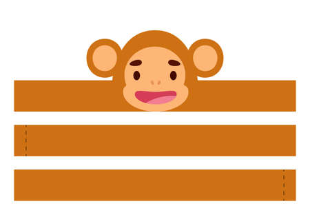 Printable monkey paper crown. Diy cut party ribbon template for birthday, christmas, baby shower. Fun accessory for entertainment. Print, cut and glue. Vector stock illustration.のイラスト素材