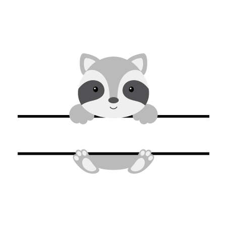 Cute raccoon split monogram. Funny cartoon character for shirt, scrapbooking, print, greeting cards, baby shower, invitation, home decor. Bright colored childish stock vector illustration.のイラスト素材