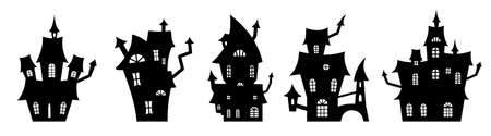 Set of black silhouettes of haunted houses. Spooky horror design decoration for Halloween party. Spooky background for October party and invitations. Flat vector stock illustration.のイラスト素材