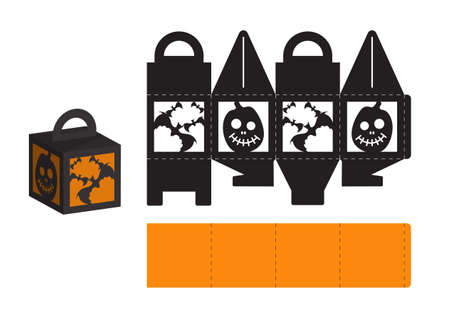 Happy Halloween treat box. Gift party favor box for sweets, candies, small presents, bakery. Simple packaging die cut template for laser cut, great design for any purposes, birthdays, baby showers.のイラスト素材