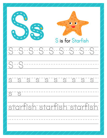 Trace letter S uppercase and lowercase. Alphabet tracing practice preschool worksheet for kids learning English with cute cartoon animal. Activity page for Pre K, kindergarten. Vector illustrationのイラスト素材
