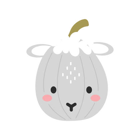 Happy Halloween cute cartoon pumpkin with sheep face. Halloween party decor for children. Childish print for cards, stickers, invitation, nursery decoration. Vector illustration.のイラスト素材