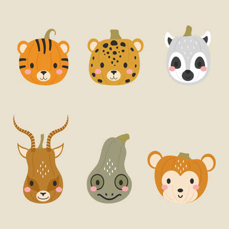 Happy Halloween cute collection of cartoon pumpkins with animal faces. Halloween party decor for children. Childish print for cards, stickers, invitation, nursery decoration. Vector illustration.のイラスト素材