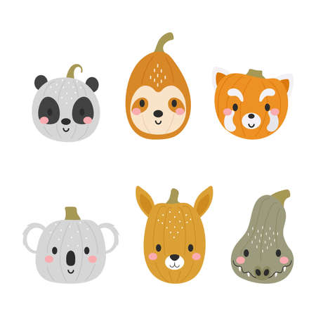 Happy Halloween cute collection of cartoon pumpkins with animal faces. Halloween party decor for children. Childish print for cards, stickers, invitation, nursery decoration. Vector illustration.のイラスト素材