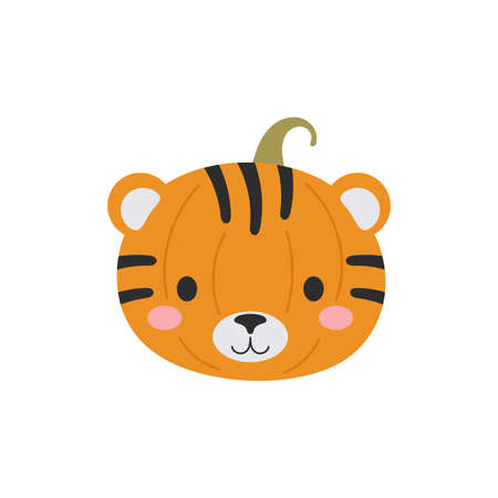 Happy Halloween cute cartoon pumpkin with tiger face. Halloween party decor for children. Childish print for cards, stickers, invitation, nursery decoration. Vector illustration.のイラスト素材