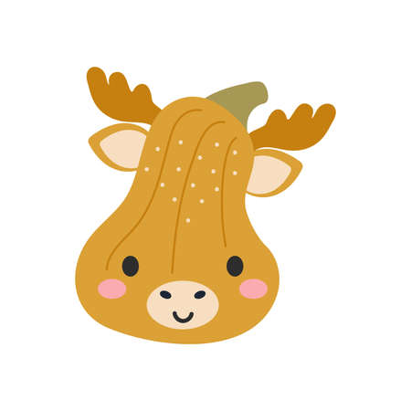 Happy Halloween cute cartoon pumpkin with moose face. Halloween party decor for children. Childish print for cards, stickers, invitation, nursery decoration. Vector illustration.のイラスト素材