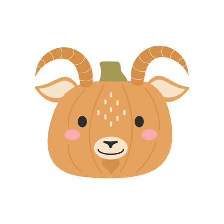 Happy Halloween cute cartoon pumpkin with goat face. Halloween party decor for children. Childish print for cards, stickers, invitation, nursery decoration. Vector illustration.のイラスト素材