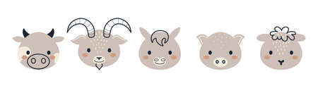Set of cute domestic animal heads in scandinavian style. Collection funny animals characters for...