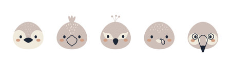 Set of cute bird heads in scandinavian style. Collection funny animals characters for kids cards, baby shower, birthday invitation, house interior. Bohemian childish vector illustration.のイラスト素材