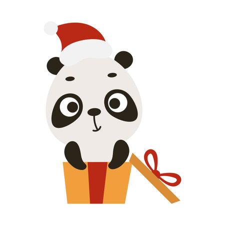 Cute Christmas panda sit in gift box on white background. Cartoon animal character for kids cards, baby shower, invitation, poster, t-shirt composition, house interior. Vector stock illustration.のイラスト素材