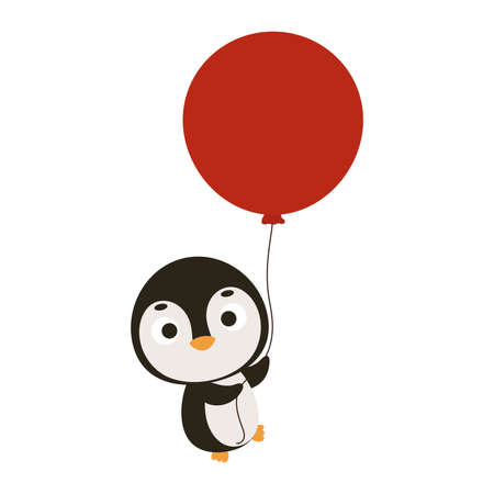 Cute little penguin flying on red balloon. Cartoon animal character for kids cards, baby shower, invitation, poster, t-shirt composition, house interior. Vector stock illustration.のイラスト素材