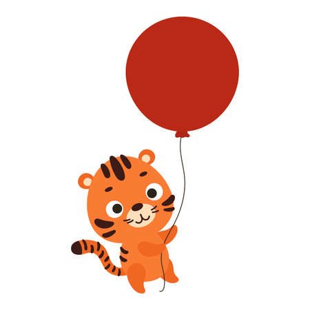 Cute little tiger flying on red balloon. Cartoon animal character for kids cards, baby shower, invitation, poster, t-shirt composition, house interior. Vector stock illustration.のイラスト素材