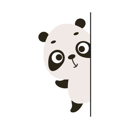 Cute little panda peeking around the corner on white background. Cartoon animal character for kids cards, baby shower, invitation, poster, t-shirt composition, house interior. Vector stock illustration.のイラスト素材