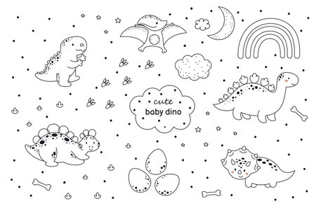 Set of cute baby dinosaurs in outline sketch style. Funny cartoon dinos collection for kids cards, baby shower, t-shirt, birthday invitation, house interior. Bohemian childish vector illustration.のイラスト素材
