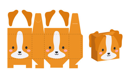 Simple packaging favor box dog design for sweets, candies, presents, bakery. DIY package template for any purposes, birthdays, baby showers, halloween, christmas. Print, cutout, fold, glue.のイラスト素材