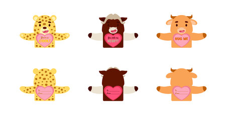 Cute animal Valentines Day gift cards candy holder cards for kids. Great gift option Valentine party favors, school classroom prizes, gift exchange, love notes and more. Vector stock illustrationのイラスト素材