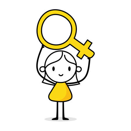 Businesswoman holding big female sign. Hand drawn doodle line art woman. Vector stock illustration.のイラスト素材